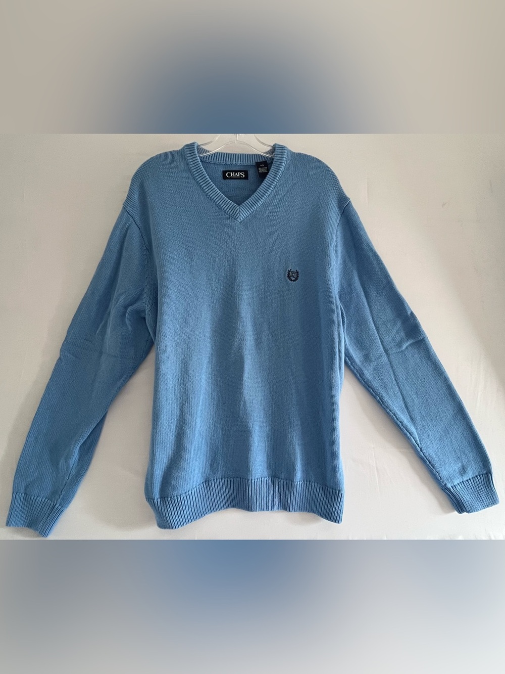 Chaps Pastel Light Blue Knit V-Neck Sweater L Old Money Coastal Grandpacore